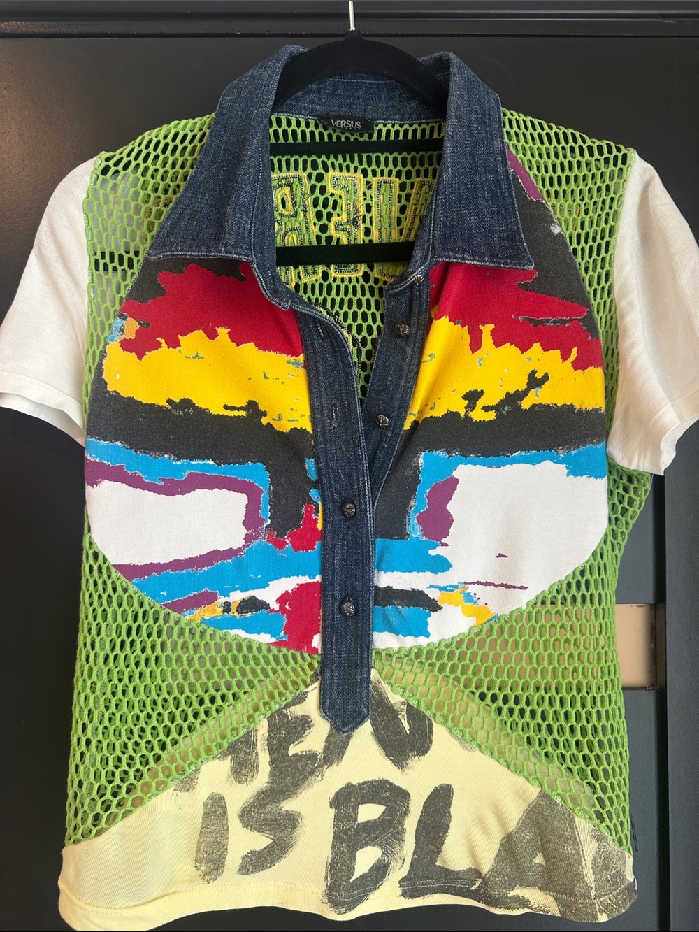 Versus By Versace Multicolor Graphic Mesh Polo Top - Green/Denim